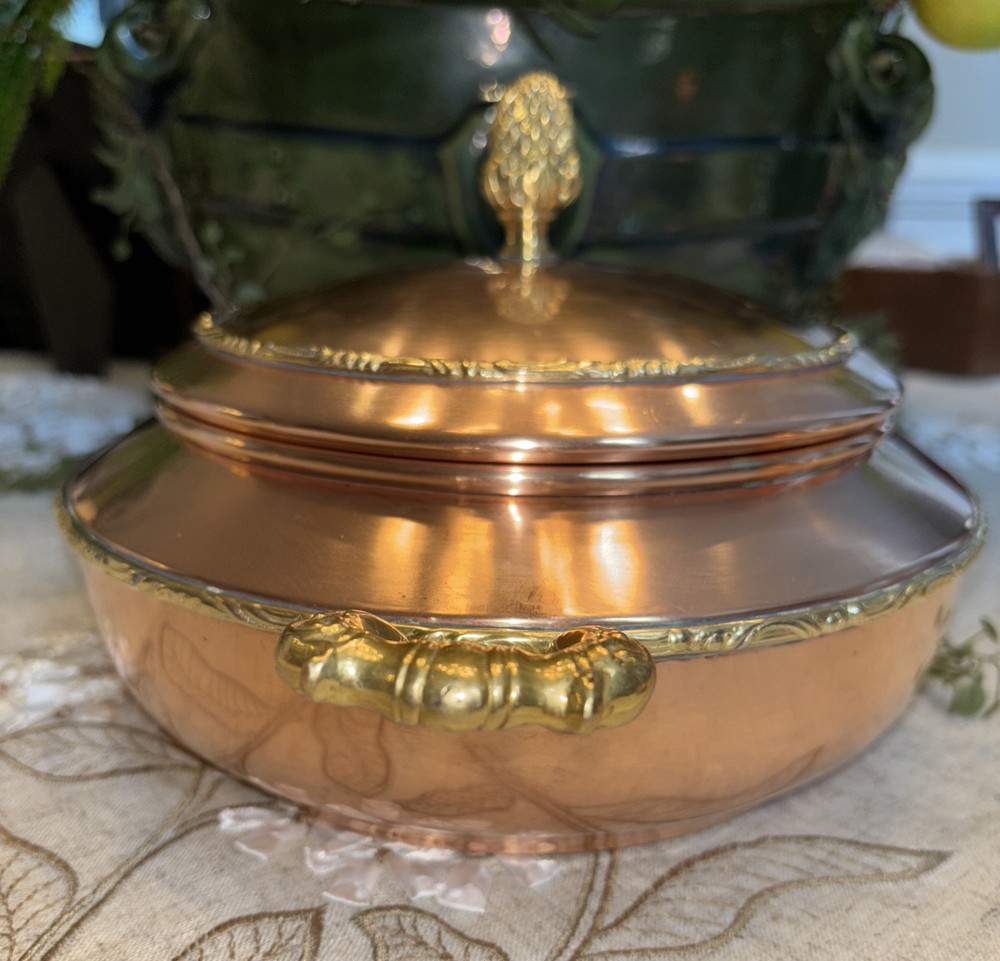 Solid Copper Serving Dish w/ Brass Pinecone Finial/Handles~Preowned