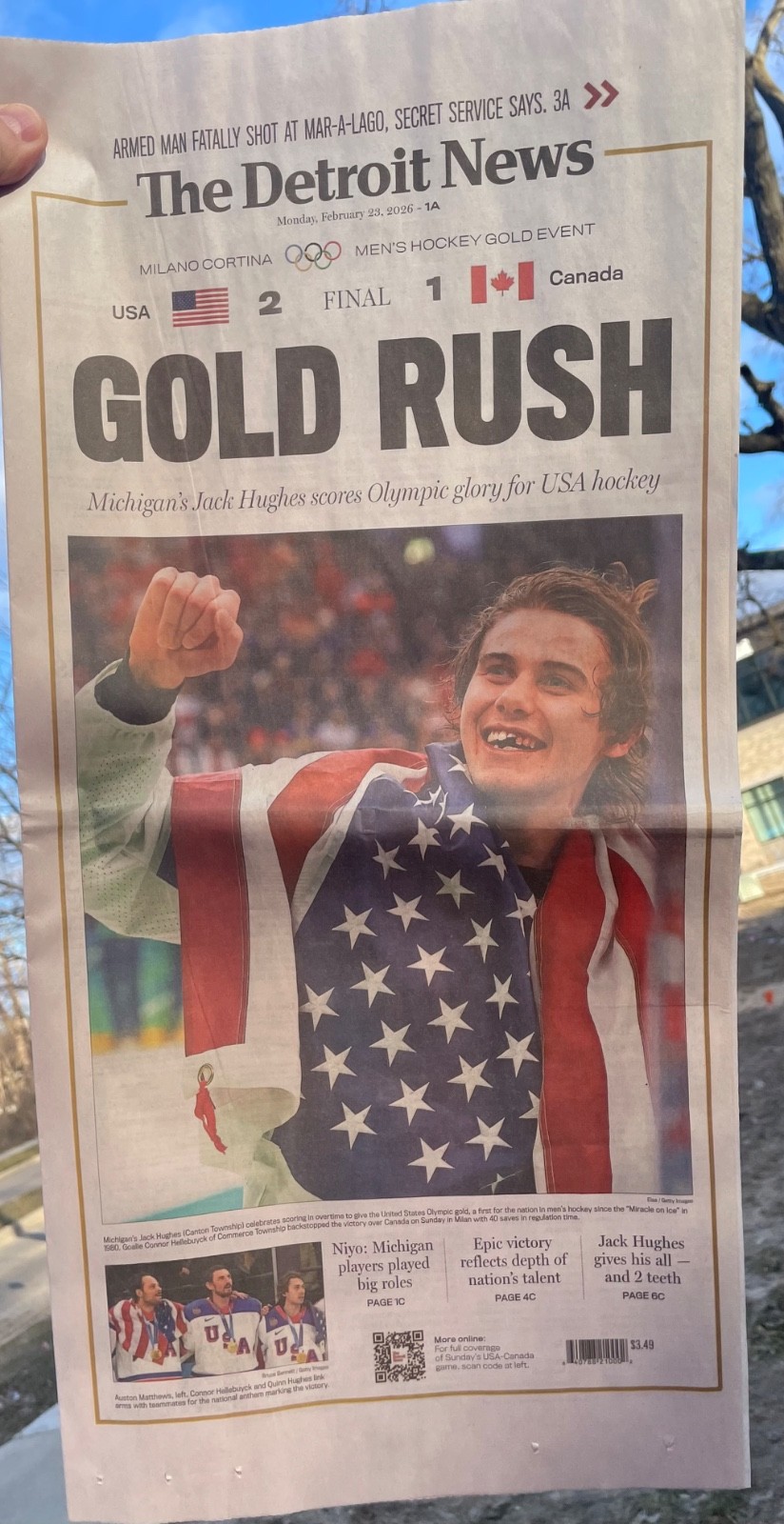 23FEB2026 TEAM USA 🇺🇸 WINS OLYMPIC GOLD RUSH DETROIT NEWS FULL PAPER HOCKEY