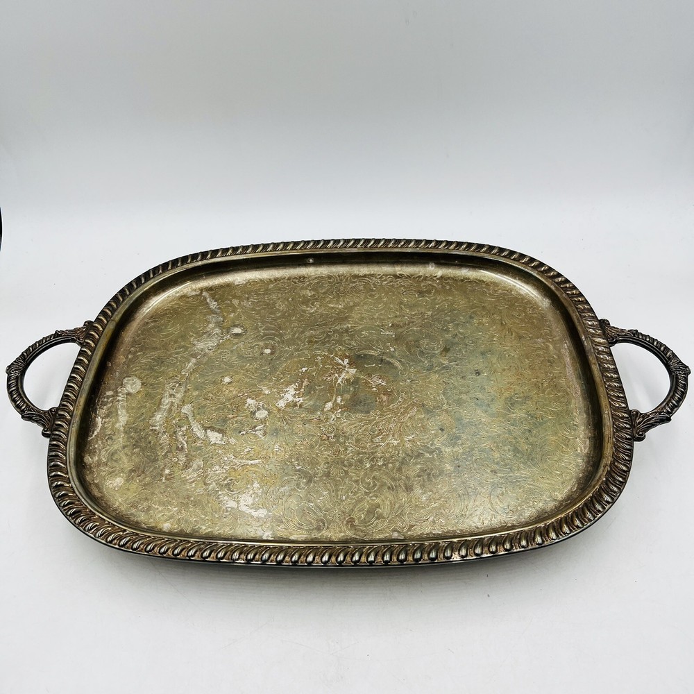 Ornate Silverplate Serving Tray 22x14 Rope Edge