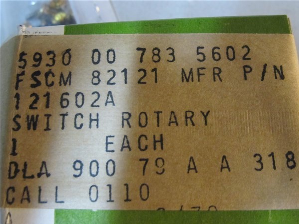 Mil-Spec Electroswitch 10A 125VAC Rotary Switch Part # 121602A