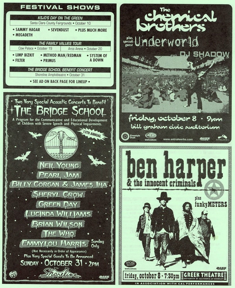 1999 Bridge School Concert Flyer; Neil Young Pearl Jam Brian Wilson The Who