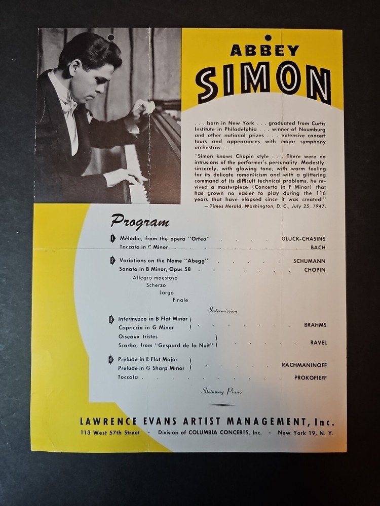 Abby Simon Pianist Orchestra Hall November 3 1947 Program Overleaf