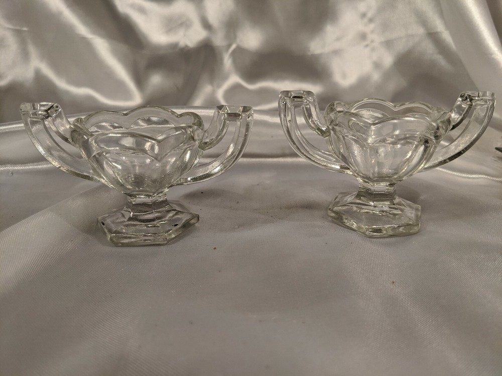 Pair 2 Central Glass Krystol Chippendale Footed Handled Open Salt Cellars EAPG
