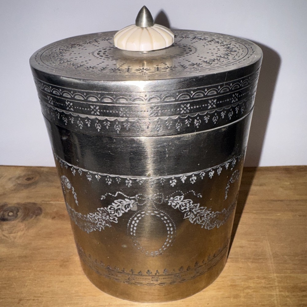 Vintage Silverplate Engraved Tea Caddy Biscuit Barrel Oval 7.5"