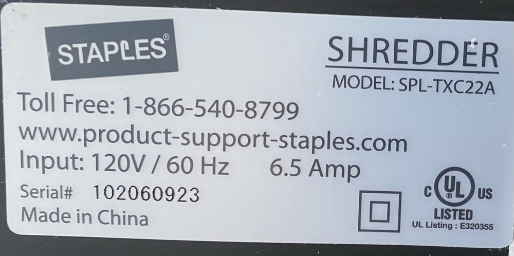 STAPLES SHREDDER Model: SPL-TXC22A