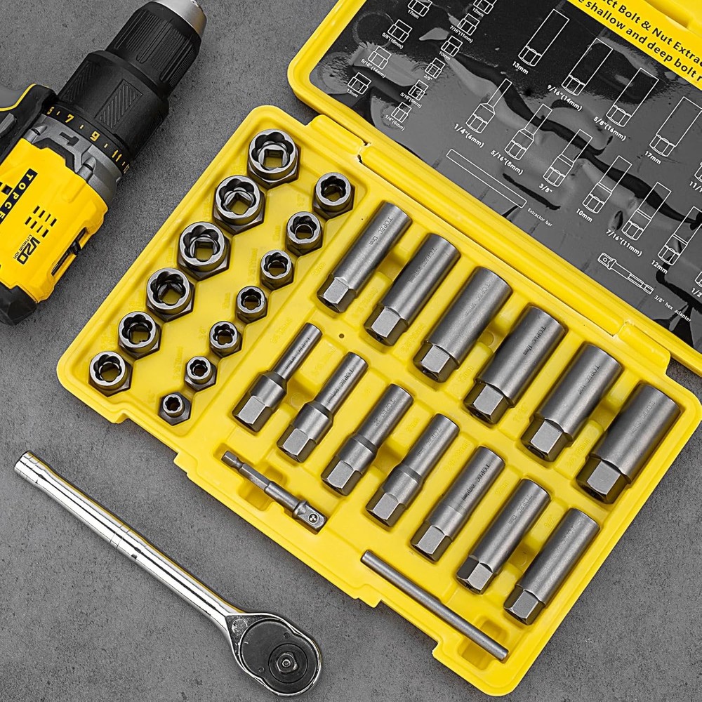 Topec Deep Bolt Extractor Set 28PCS, 3/8" Drive Bolt Extractor Kit, Spark Plug E