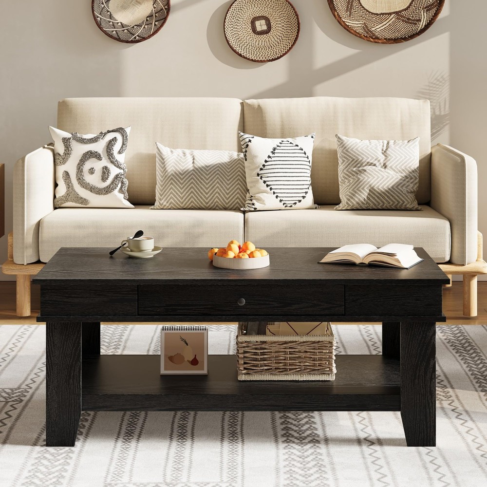 Rustic Coffee Table for Living Room Long Rectangular Center Table with Drawer