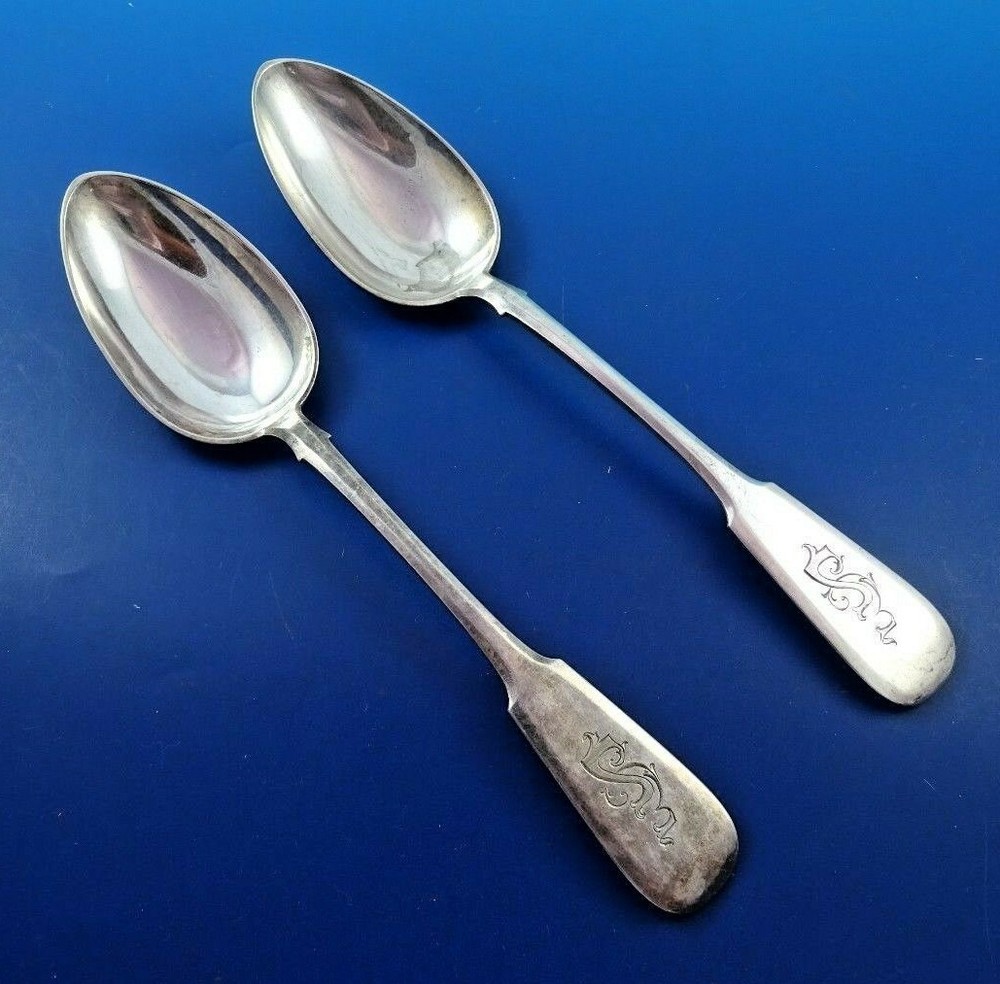 2 Antique Russian 84 Silver Spoons Fiddle Pattern (#4020)