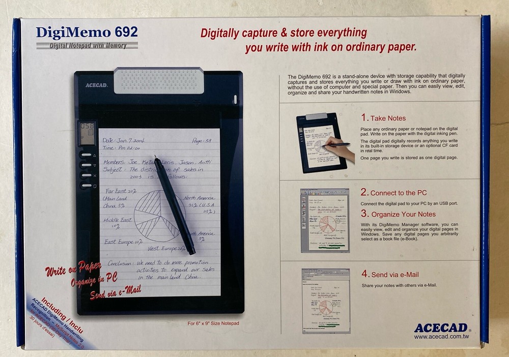 ACECAD DigiMemo 692 Digital Notepad Write On Paper e-Mail Factory Sealed