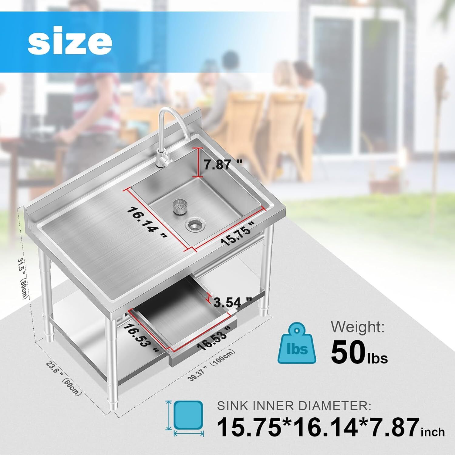 All-In-One Stainless Steel Freestanding Sink with Drawers for Laundry Room Use..