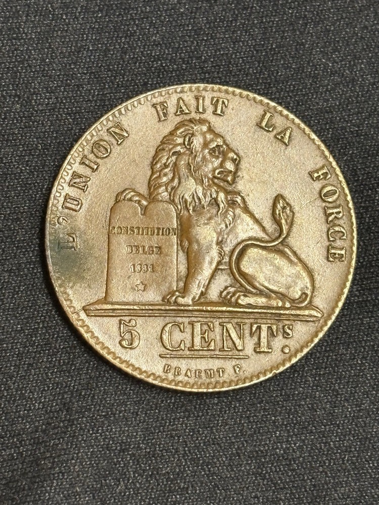 1856 Belgium 5 Centimes, AU+ Details, KM5.1, Sharp!