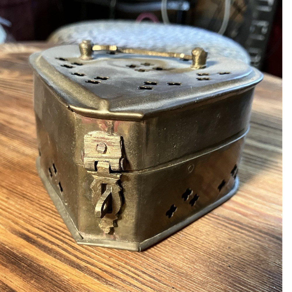 Brass Antique Finish Hexagonal Box With Lid, Latch, Geometric Pattern
