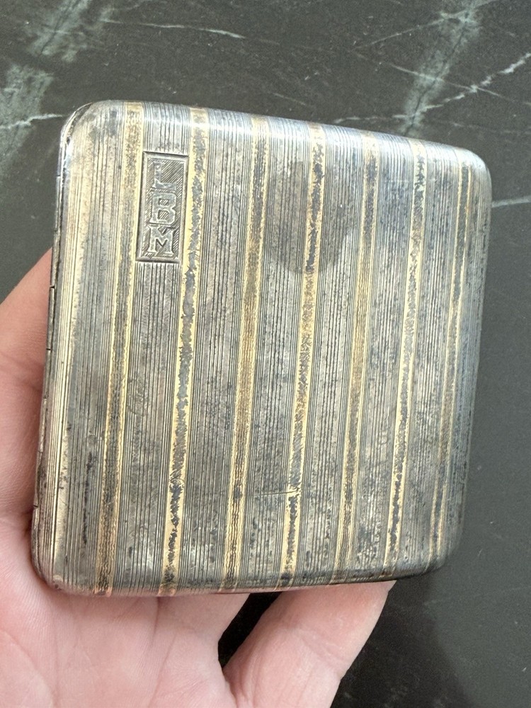 Solid Sterling Silver & 14K Gold Inlay Antique Cigarette Case 90 Grams