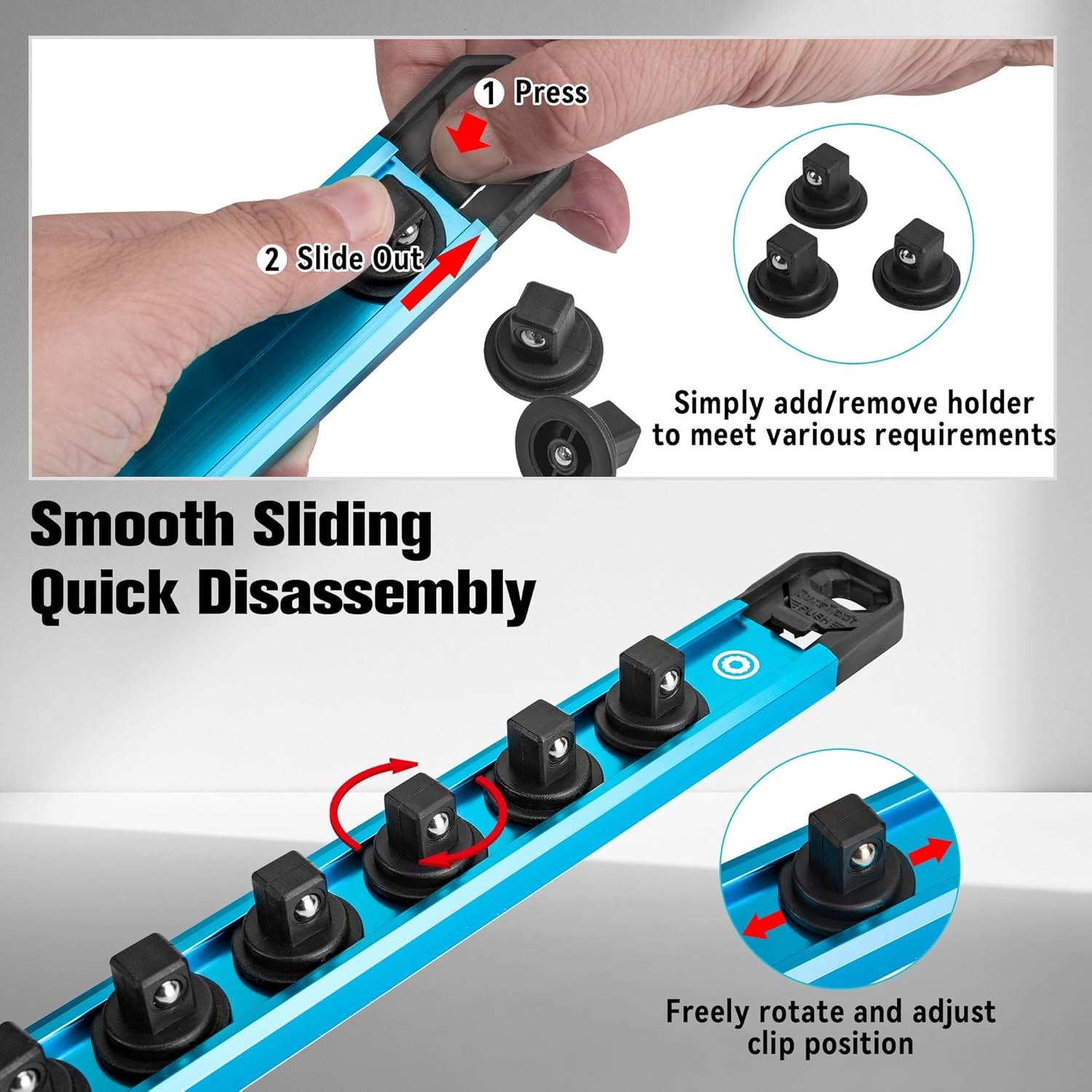 DURATECH 6PCS Magnetic Socket Organizers Set 1/4" 3/8" 1/2" Aluminum Rail Holder