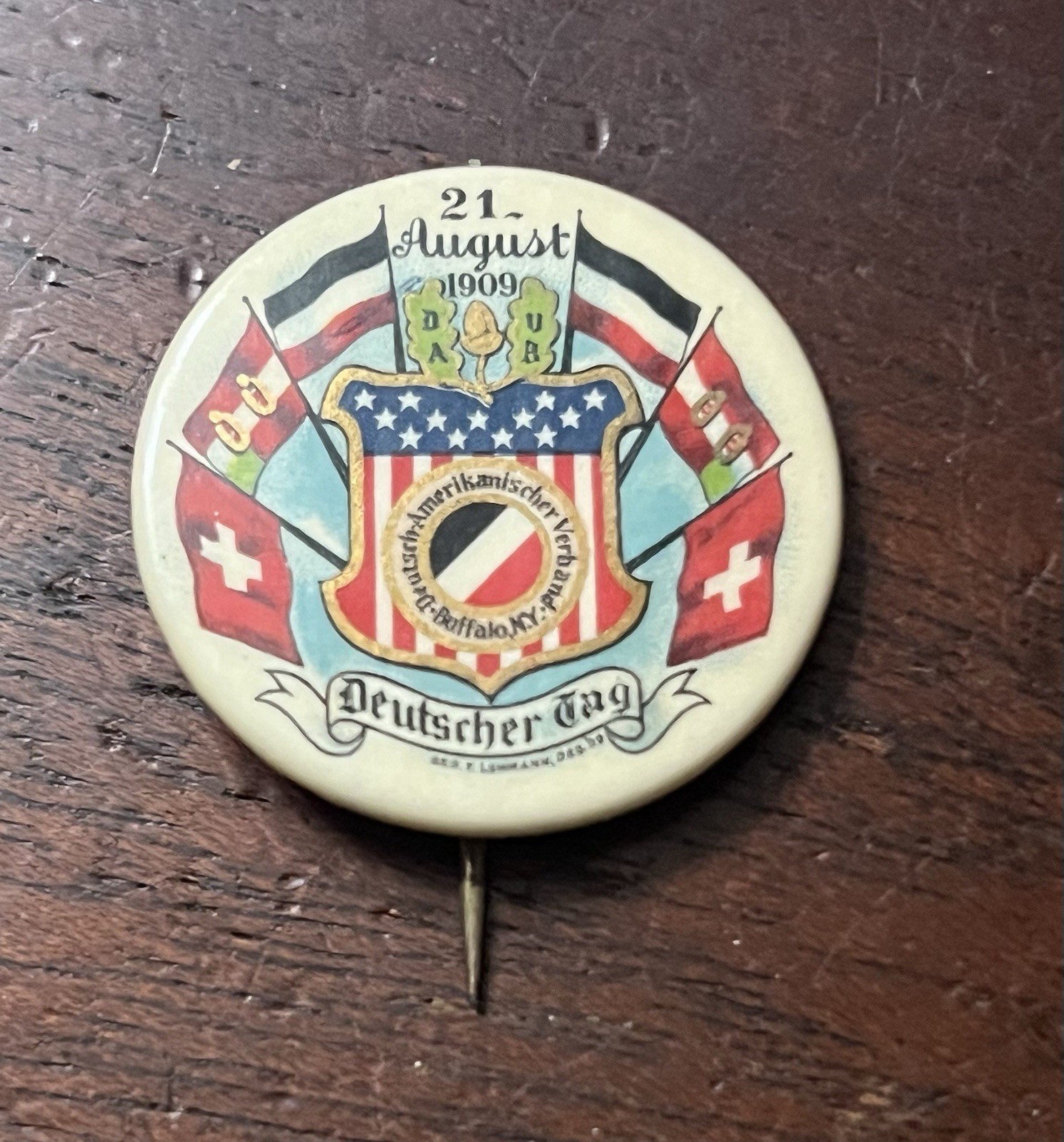 Deutscher Tag, Aug 1909 Pinback Button 1.25 in Dia Buffalo NY . Backing Paper