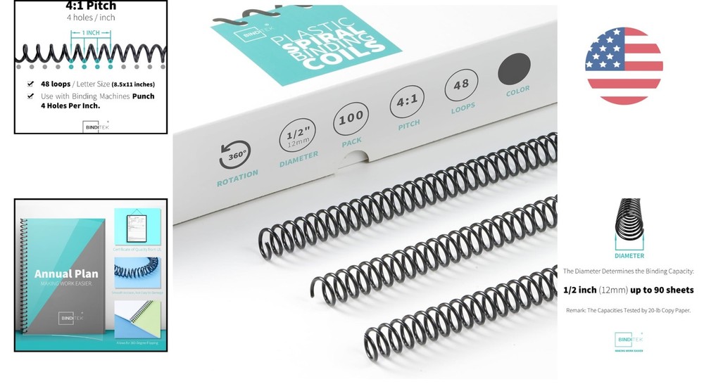 Versatile Black Binding Coils - 100 Count, Holds 90 Sheets - Letter Size