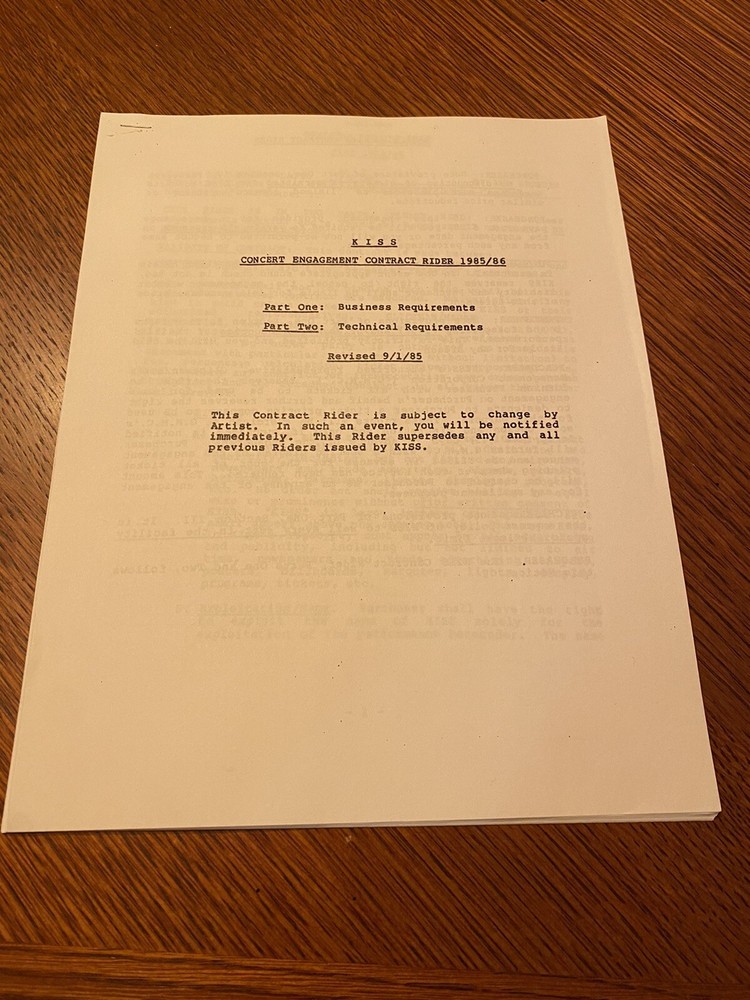 KISS 1980's concert tour rider contract hand signed notes COPY Gene Simmons