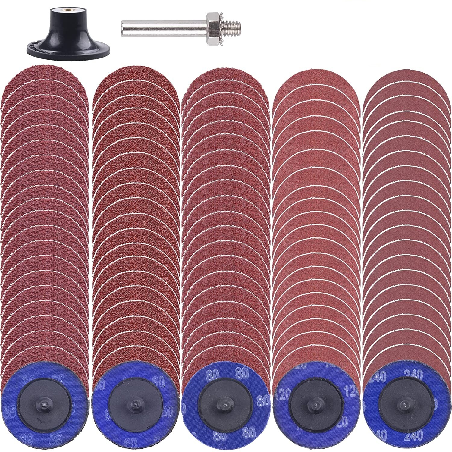 51PCS 2 inch Roll Lock Twist Sanding Discs 36 60 80 120 240 Grit W/ 1/4" Holder