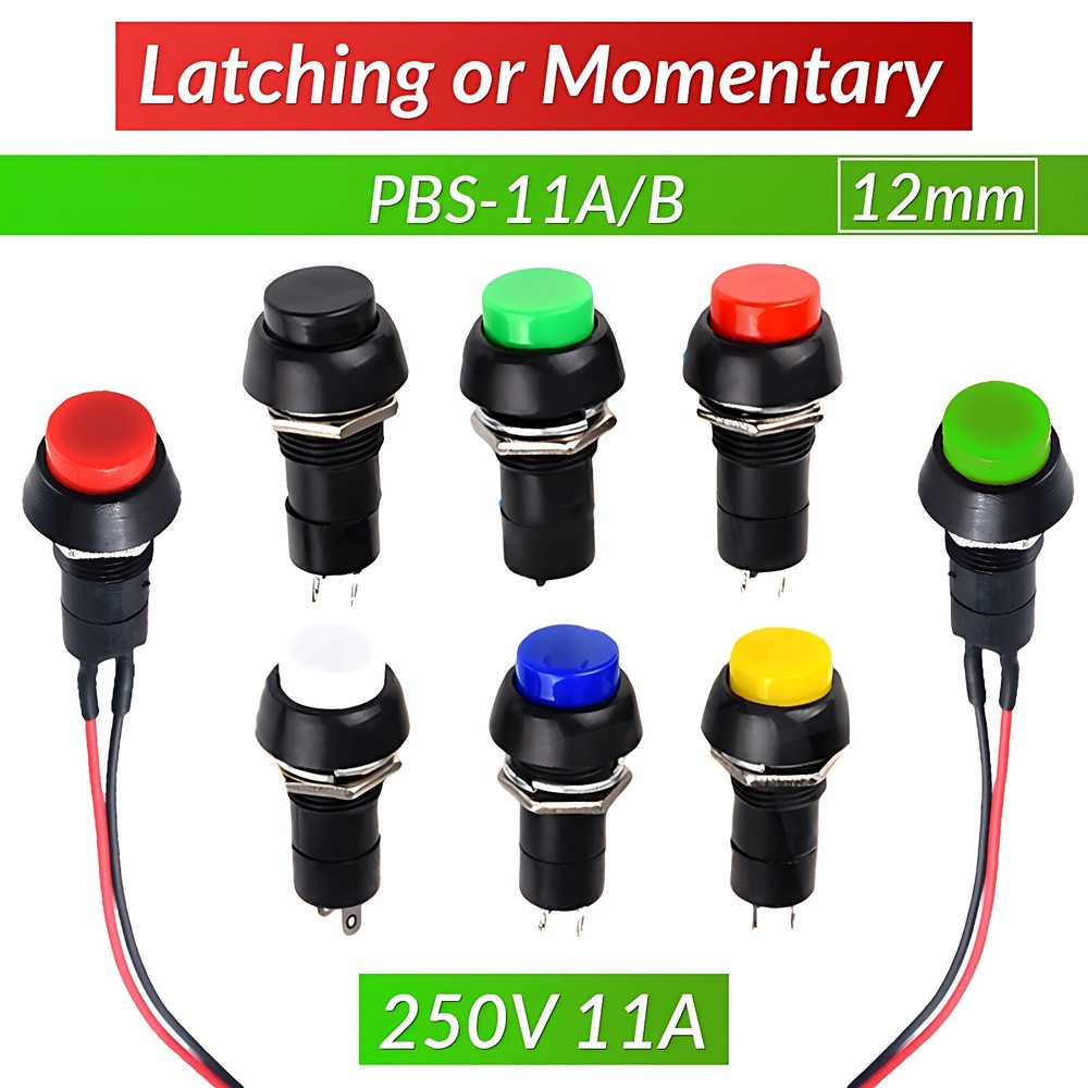 Latching or Momentary Round Push Button Switch with Cable 12mm SPST 250V 11A