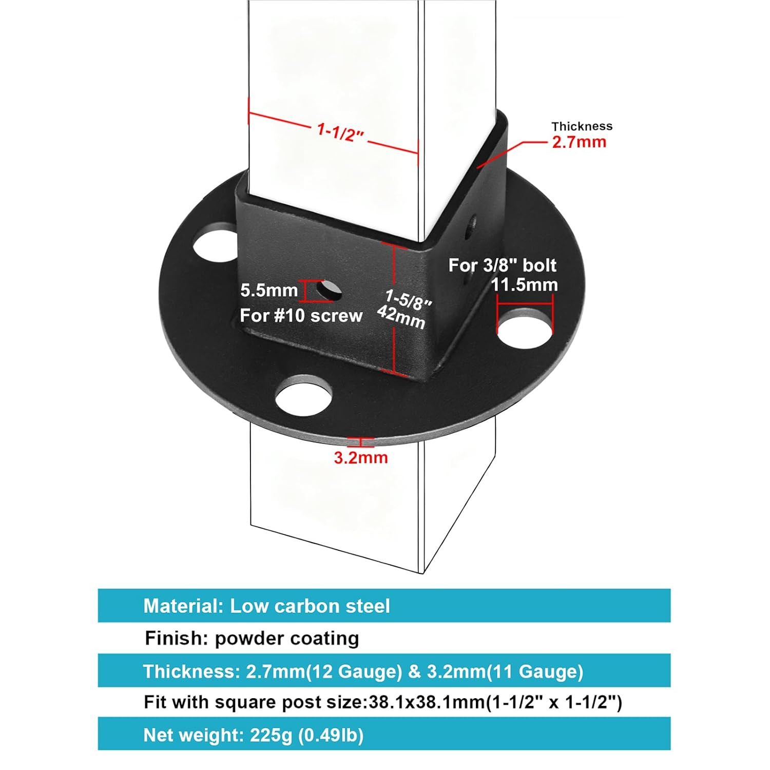 4 Pack Black Square Post Anchor Base, Fits 1-1/2" X 1-1/2" Square Tube, Deck Fen
