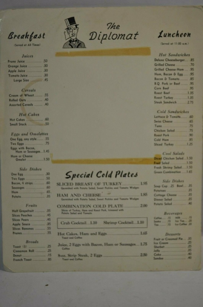 Vintage The Diplomat Restaurant Menu 1960's
