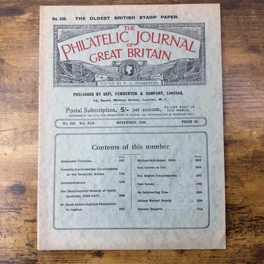 Philatelic Journal of Great Britain November 1935 Vol. XLV No. 539 Antique