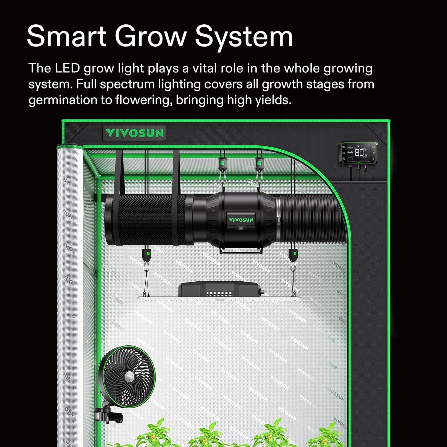 VIVOSUN 2.7x2.7 Complete Grow tent kit w/VS1000 Led Grow light inline duct fan 4