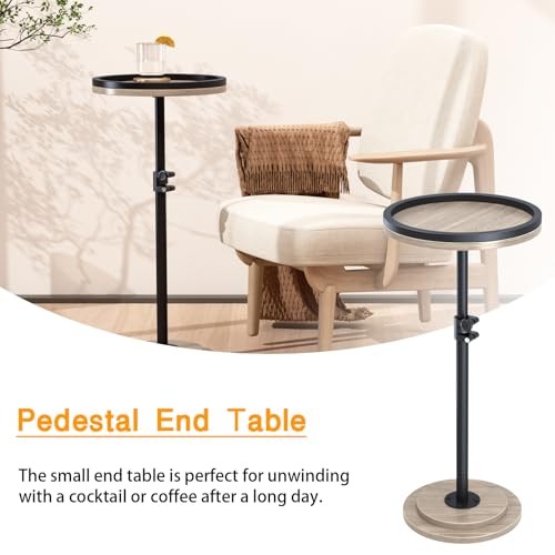 Small Side Table, Drink Table, Height Adjustable Round End Table, Pedestal Grey