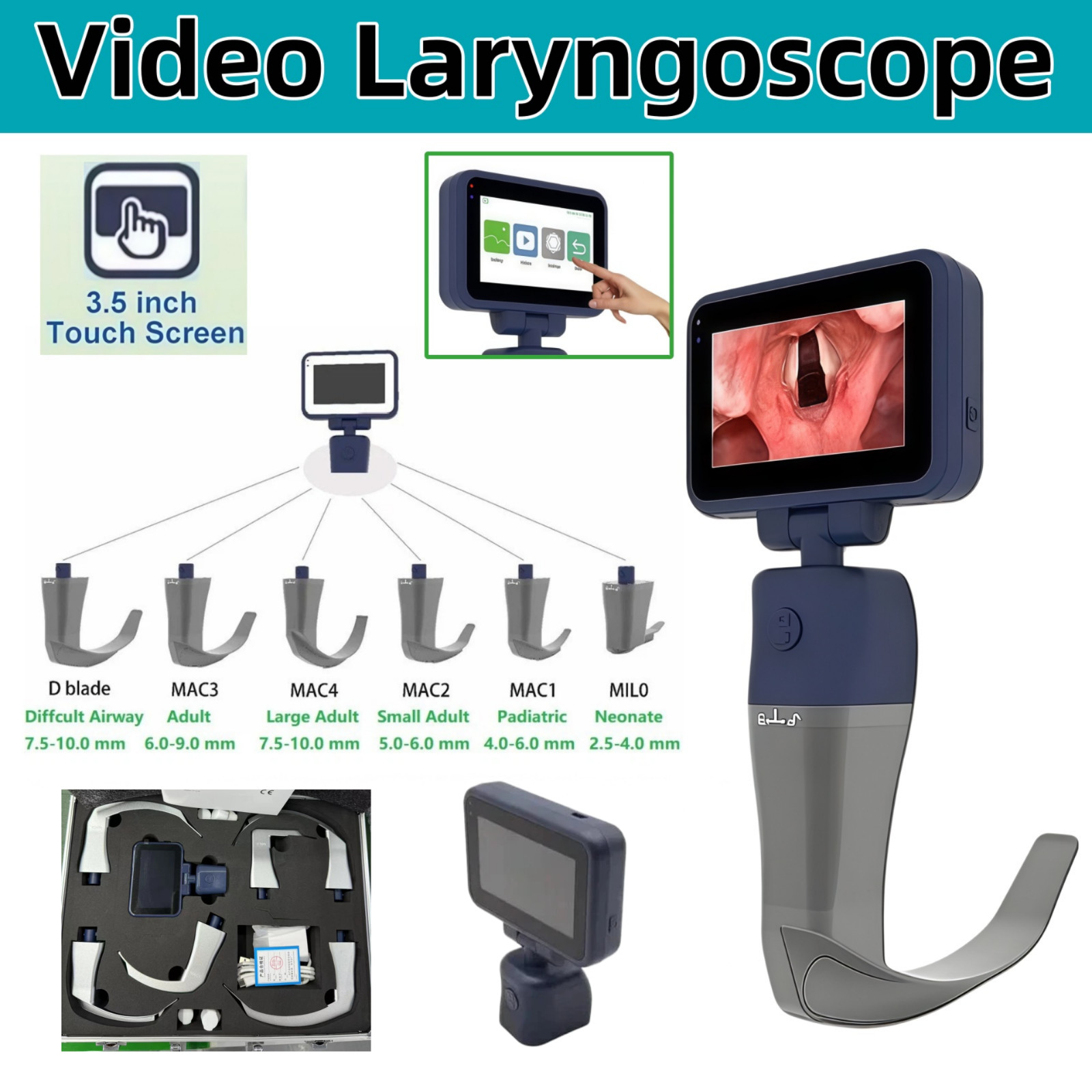 Touch Screen Digital Video Laryngoscope Reusable Sterilizable Blades Waterproof