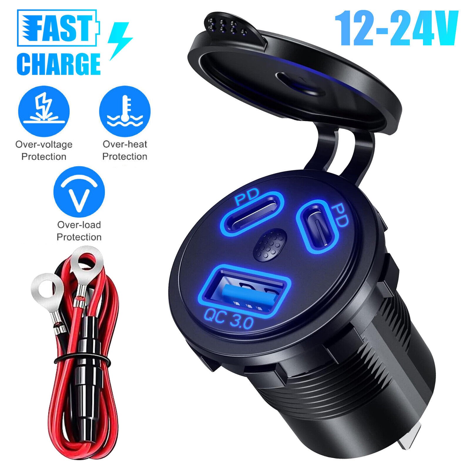 Dual PD+QC3.0 Port USB Car Fast Charger Cigarette Lighter Socket Power Plug Kit