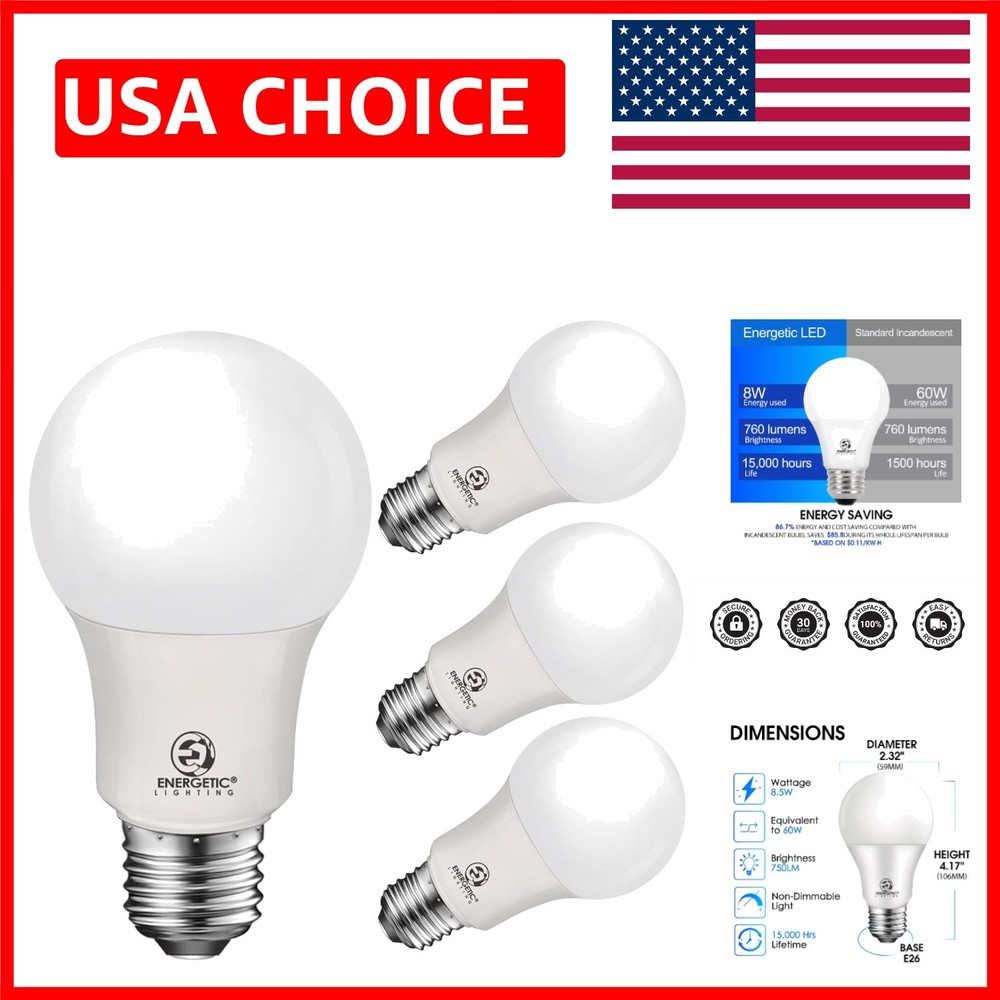 Instant On E26 8W LED Light Bulbs, 4 Pack - 60W Equivalent, Eye-Care Technology