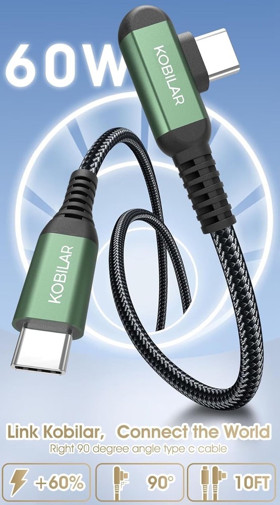 10ft USB C to C Cable, Type C Charger Cord Right Angle 2pack-10ft*2