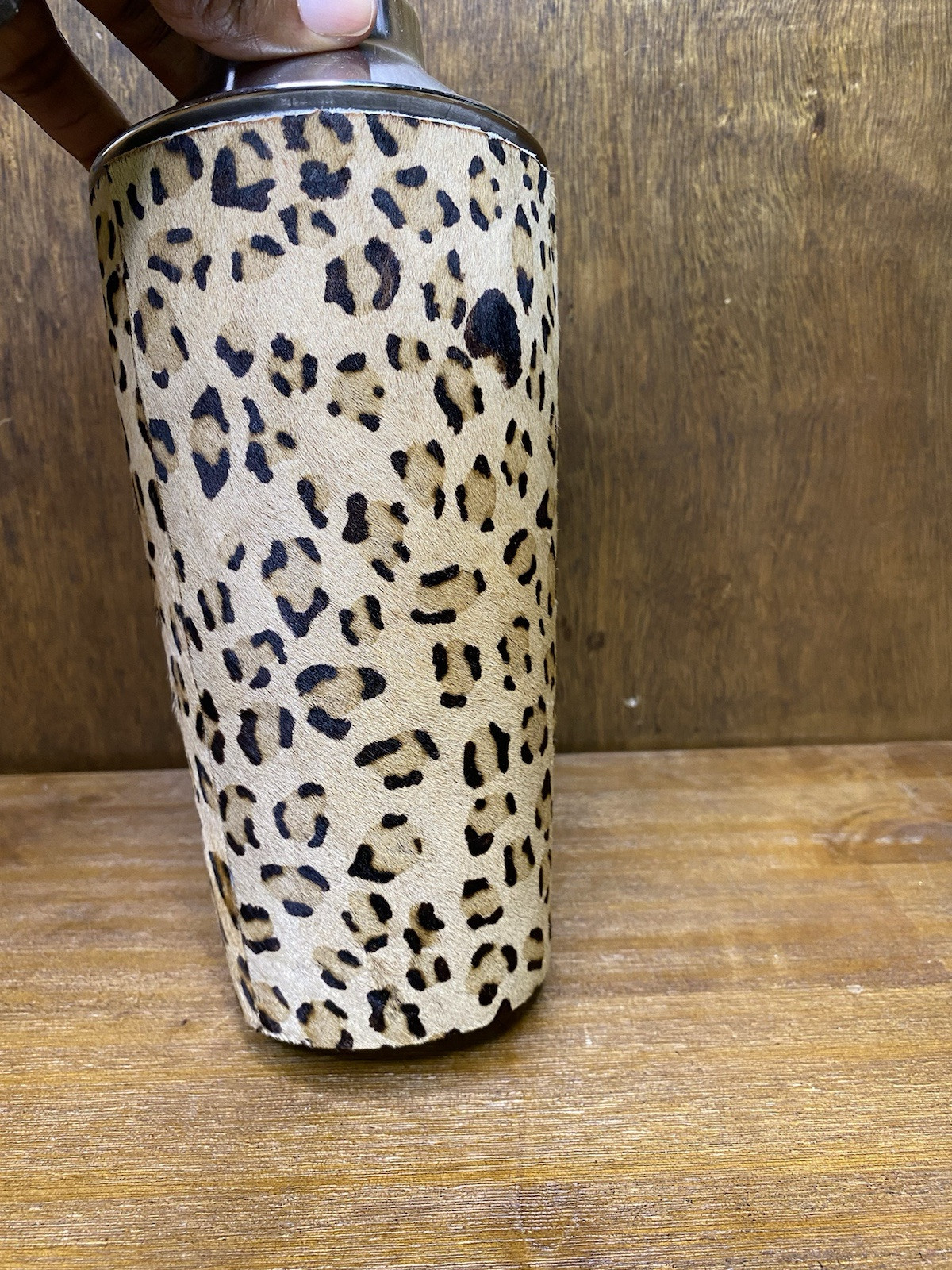 Cynthia Rowley Cocktail Shaker Leopard Print Pony Hair Bar Accessories