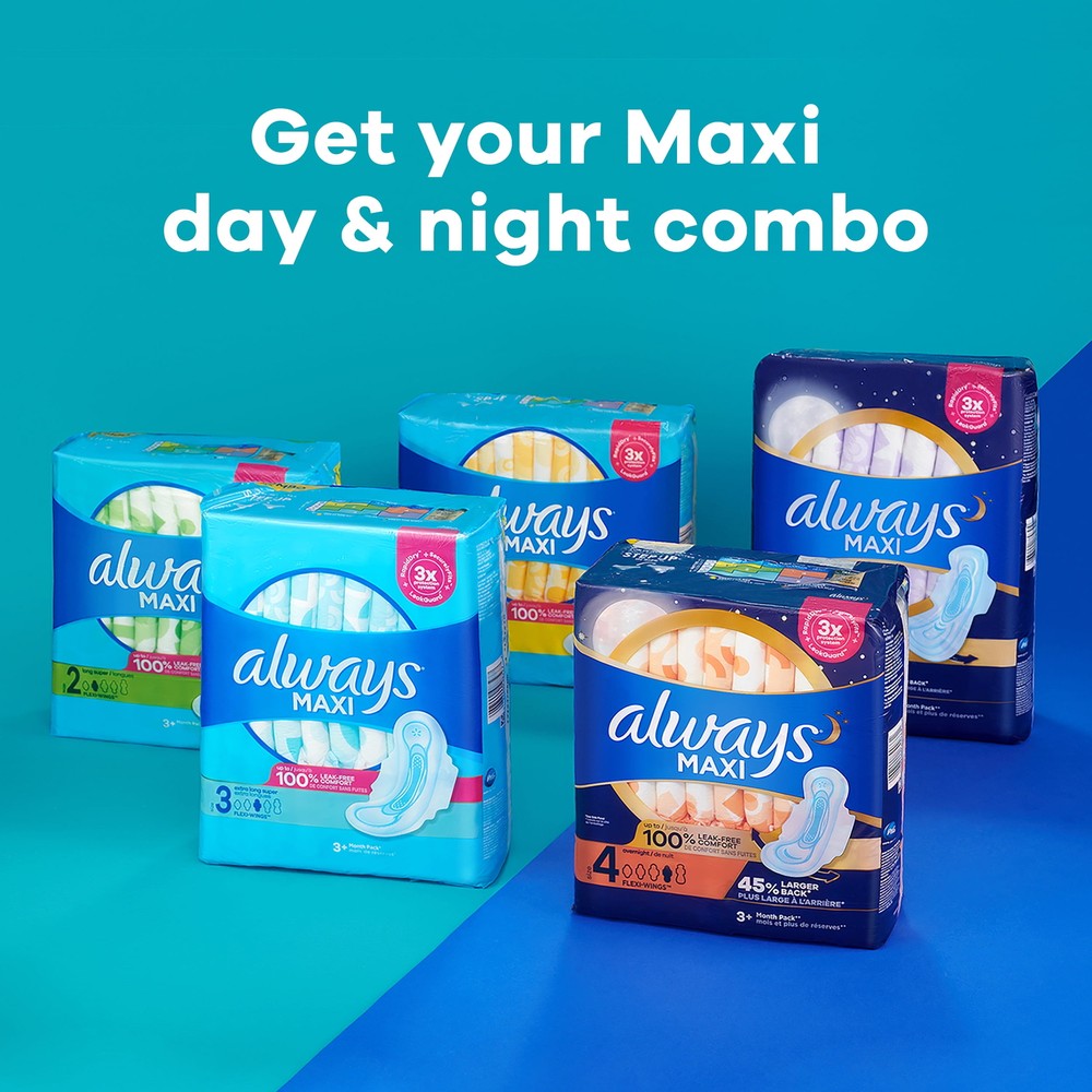 Always Maxi Pads without Wings, Size 4, Overnight Absorbency, 28 CT