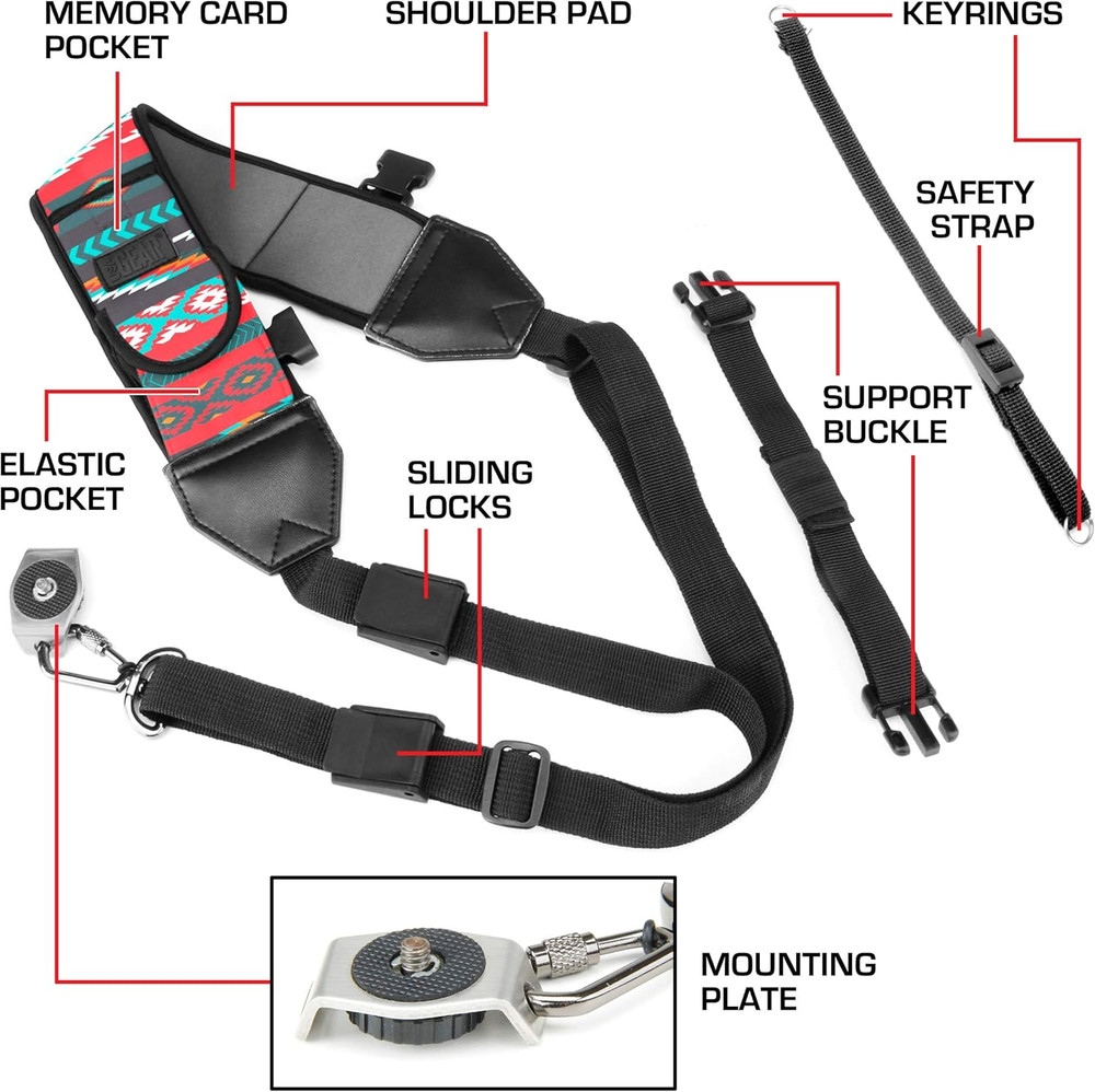 Camera Sling Shoulder Strap - Adjustable Neoprene, Safety Tether, Accessory Pock