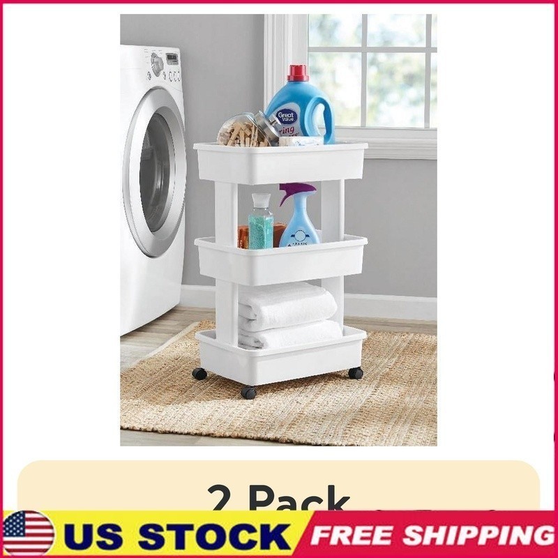 3 Tier Plastic Rolling Laundry Cart Multi Purpose Storage Organizer Mobile Caddy