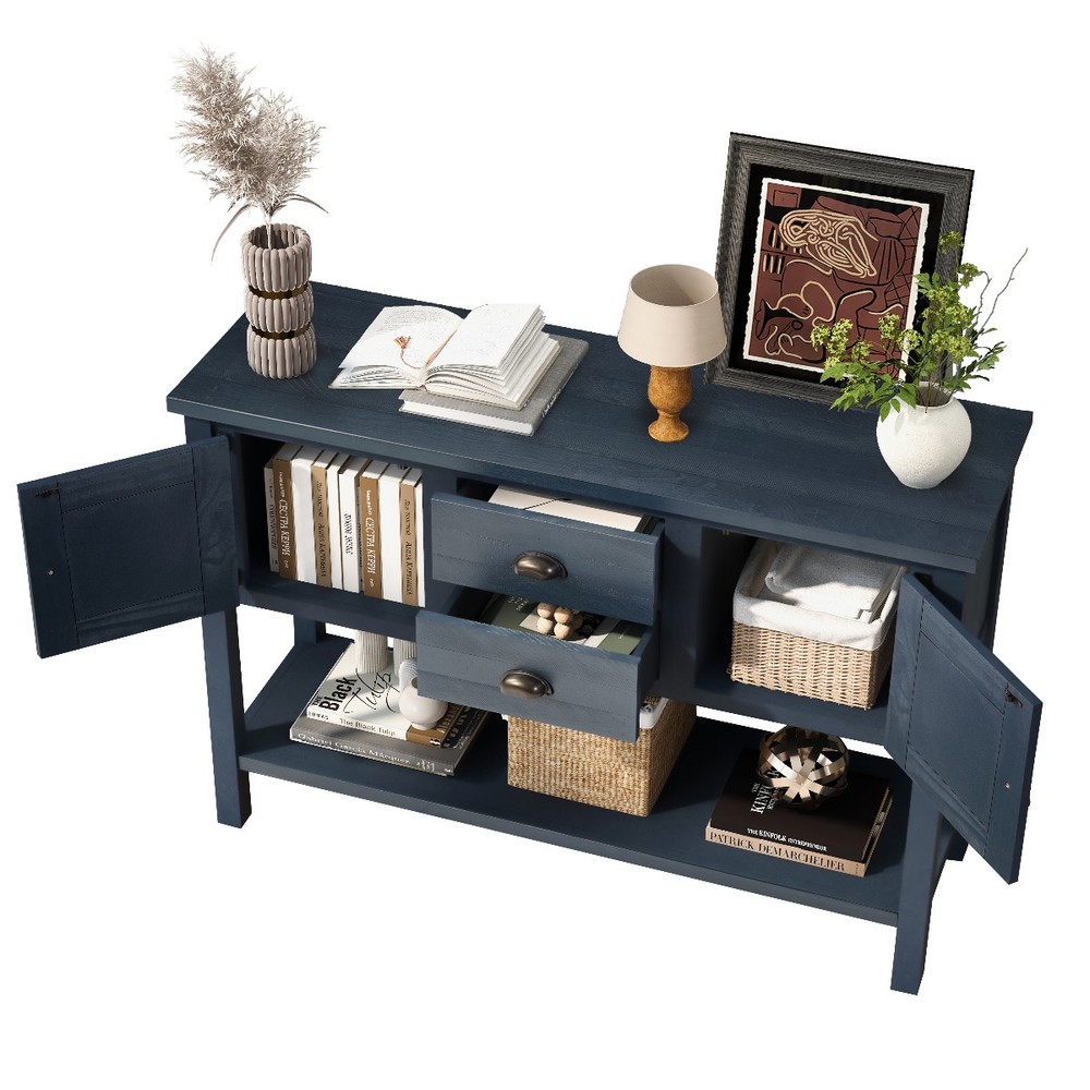 46'' Retro Solid Wood Sideboard Console Table w/Bottom Shelf & Storage Cabinets