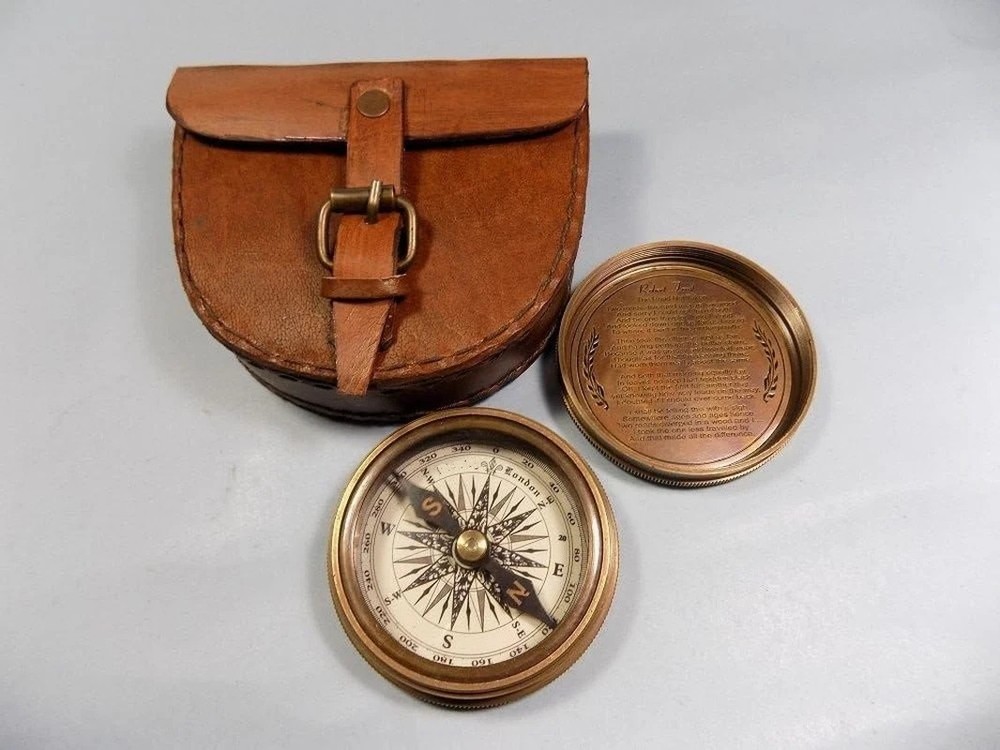 Vintage Brass Pocket Compass with Leather Case Rustic Navigation Gift Decor
