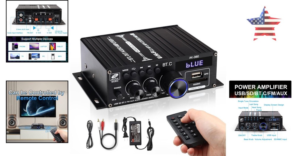 Compact Bluetooth Amplifier with Remote Control - Supports Bluetooth/USB/AUX/RCA