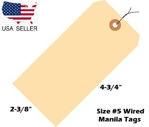 100 Pack Size 5 Manila Inventory Shipping Hang Tags with Wire 4 3/4" x 2 3/8"