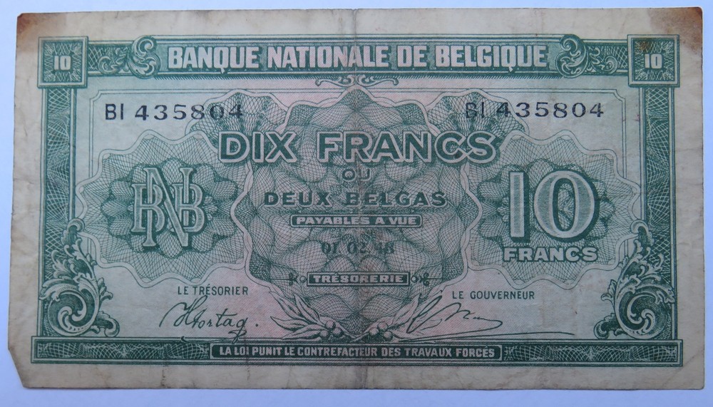 1948 Belgium 10 Francs Banknote
