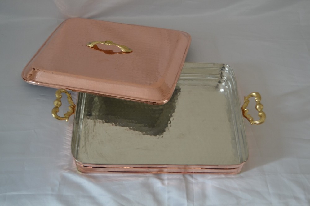 Copper Rectangular Hammered Serving Pot with Brass Handles and Lid Roaster Pan
