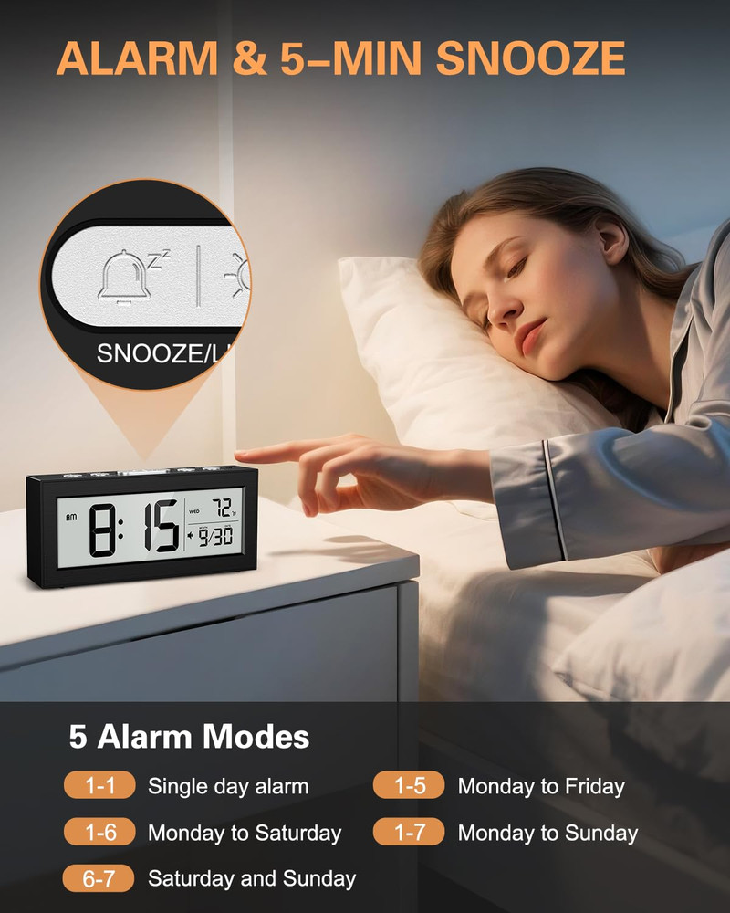 Battery Powered Digital Clock, LCD Digital Clock with Date & Temp Display, 5 Ala