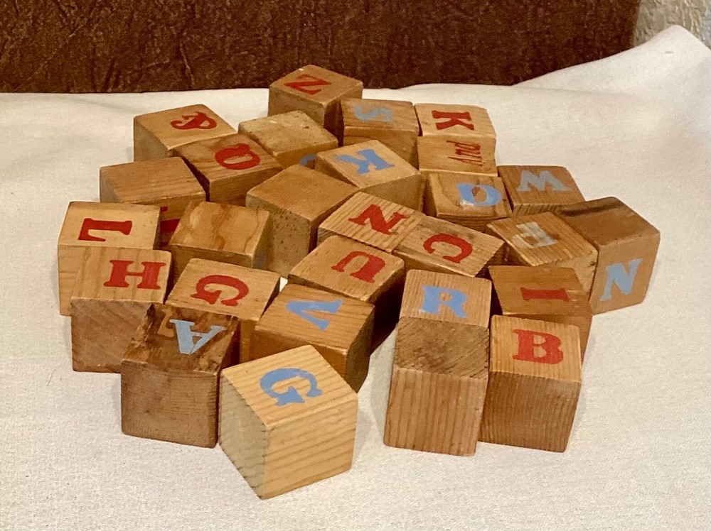 Antique Wood Pull Toy Alphabet Blocks Wagon