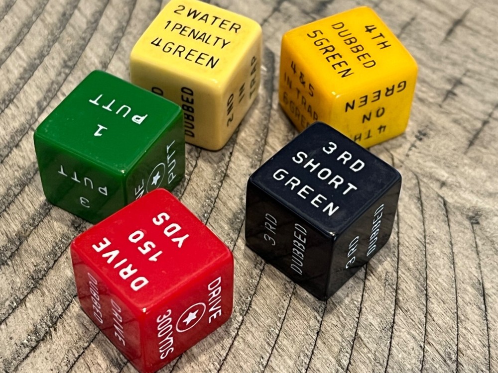 Old bakelite Galloping Golf oversized dice cube set cherry apple + 120123@