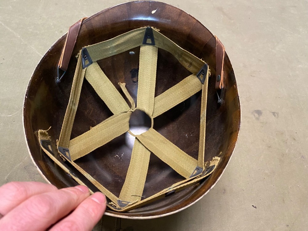 ORIGINAL WWII US ARMY M1 HELMET LINER-, ORIGINAL PAINT, LT MARKINGS