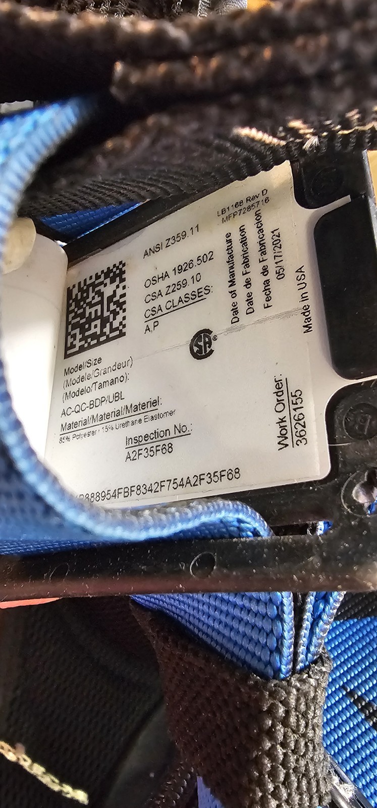 HONEYWELL MILLER AC-QC-BDP/UBL Full Body Harness AirCore L/XL