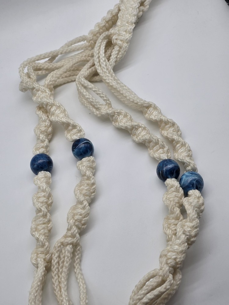 Vintage Boho Plant Hanger Macrame 48’’ Long Blue Beaded