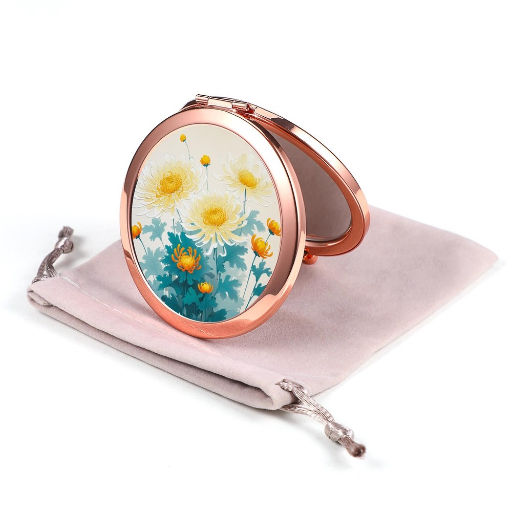 Dynippy Compact Mirror Rose Gold 2.8"L x 2.8"W, Lovely Chrysanthemum Pattern
