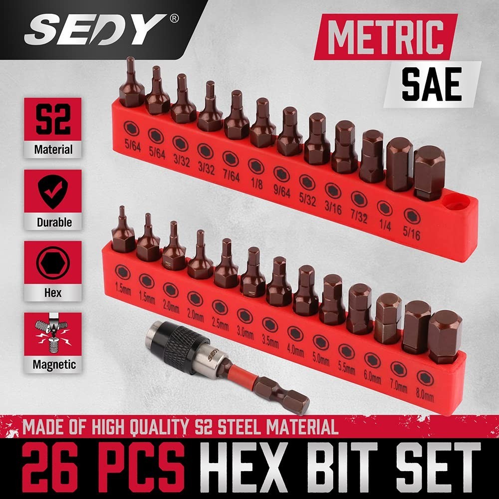 25 Pc Hex Bit Set, Allen Key Drill Bits, Quick Change, SAE Metric, Magnetic Tips